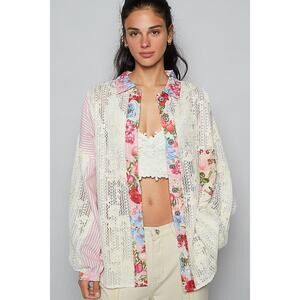 POL Pink Multi Lace Button Front Top